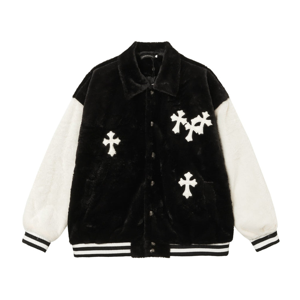 Faux Fur Cross Varsity Jacket - Black White Gothic Streetwear 035